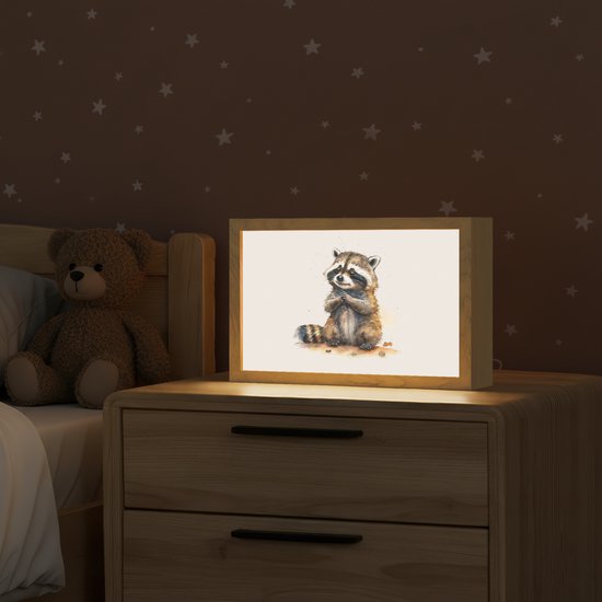 Nachtlampje 30x20 cm - Kinder lamp - Wasbeer - Waterverf - Kleuren - Dieren - Kids - Tafellamp kinderkamer - Slaapkamer lamp - Bedlamp kinderen - Kinderlampje stopcontact - Wandlamp babykamer - Nachtlampjes van Merkloos — afbeelding 2