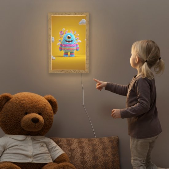 Nachtlampje 20x30 cm - Kinder lampje - Monster - Snoep - Geel - Kleurrijk - Tafellamp kinderkamer - Slaapkamer lamp - Bedlamp kinderen - Kinderlampje stopcontact - Wandlamp babykamer - Nachtlampjes van Merkloos — afbeelding 5