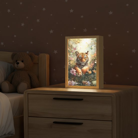 Nachtlampje 20x30 cm - Kinder lampje - Tijger - Bloemen - Jungle - Dieren - Tafellamp kinderkamer - Slaapkamer lamp - Bedlamp kinderen - Kinderlampje stopcontact - Wandlamp babykamer - Nachtlampjes van OnlyWow — afbeelding 2