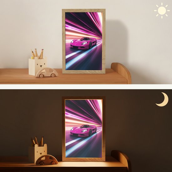 Nachtlampje 20x30 cm - Kinder lamp - Raceauto - Roze - Neon - Tafellamp kinderkamer - Slaapkamer lamp - Bedlamp kinderen - Kinderlampje stopcontact - Wandlamp babykamer - Nachtlampjes van Merkloos — afbeelding 4