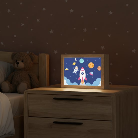 Nachtlampje 20x15 cm - Kinder lampje - Raket - Ruimte - Astronaut - Blauw - Jongens - Tafellamp kinderkamer - Slaapkamer lamp - Bedlamp kinderen - Kinderlampje stopcontact - Wandlamp babykamer - Nachtlampjes van Merkloos — afbeelding 2