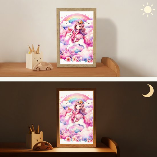 Nachtlampje 20x30 cm - Kinder lampje - Eenhoorn - Prinses - Unicorn - Roze - Regenboog - Tafellamp kinderkamer - Slaapkamer lamp - Bedlamp kinderen - Kinderlampje stopcontact - Wandlamp babykamer - Nachtlampjes van DecoAction — afbeelding 4