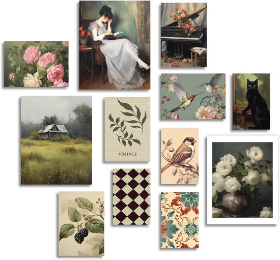 Vintage Wanddecoratie Posters met Bloemen, Vogels en Katten - Set van 12 voor Boerderij Slaapkamer en Woonkamer
