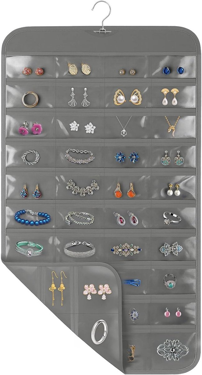 Oneay 1 stuk - Hangende sieradenorganizer met draaibare haken, 43 x 76 cm, 80 transparante vakjes voor het ophangen van sieraden, oorbellen en accessoires (grijs)
