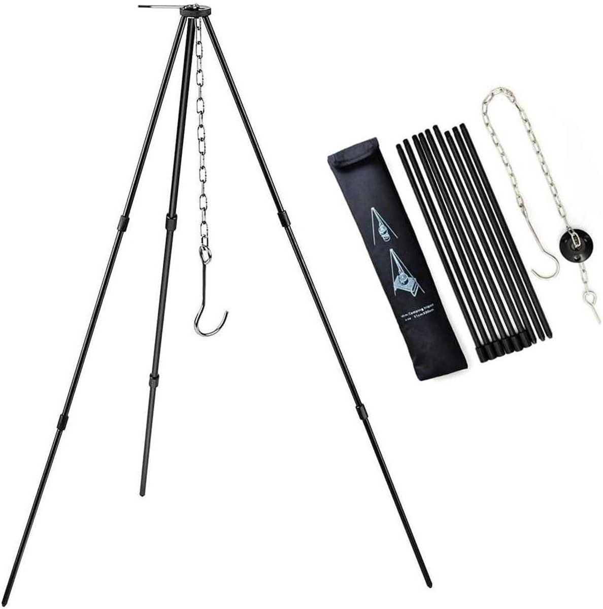 Allecta - Verstelbaar Kampvuur Kookstatief voor Kamperen en BBQ - Hangend, Drogen van Kleding, Stoofvlees, Grillen Bevestiging - Picknick Camping Accessoire met Opbergtas