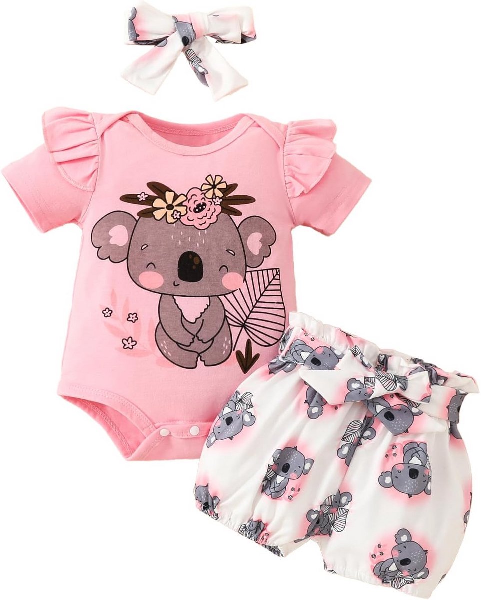 Zomer Outfitset Meisjes 3 Delig: Romper, Short en Hoofdband 0-18 Maanden