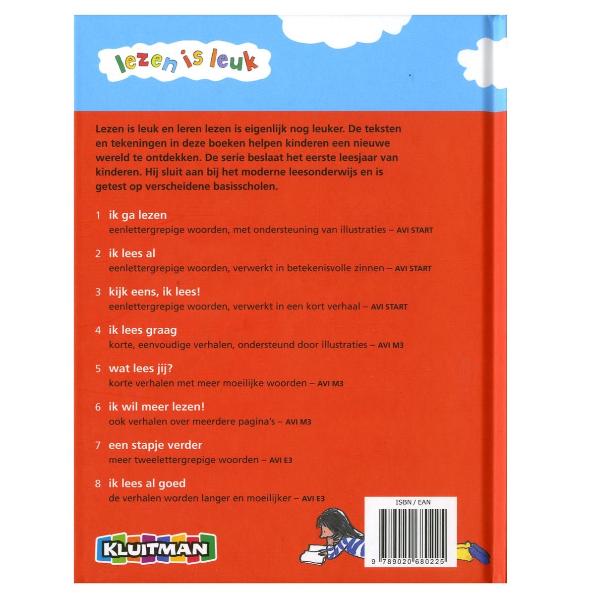 Achterkant boek 'Lezen is leuk', met uitleg en ISBN.
