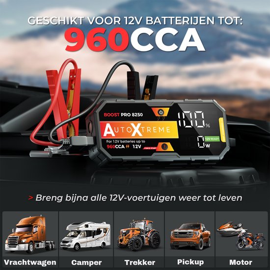 Démarreur AutoXtreme avec câbles de démarrage connectés à un camion, camping-car, tracteur, pickup et moto. Texte 'CONVIENT POUR BATTERIES 12V JUSQU'À : 960 CCA'.