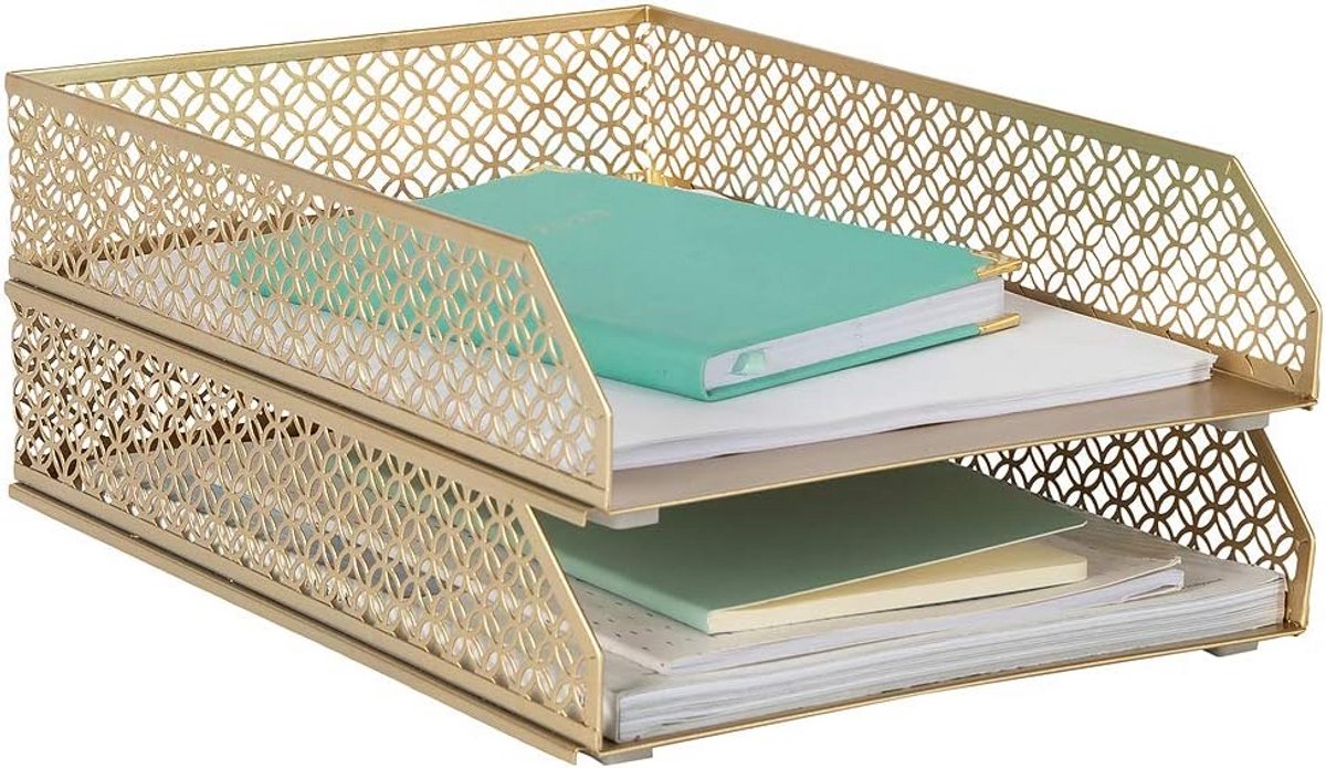 Stapelbare gouden bureauorganizer met metalen papierladen - Set van 2
