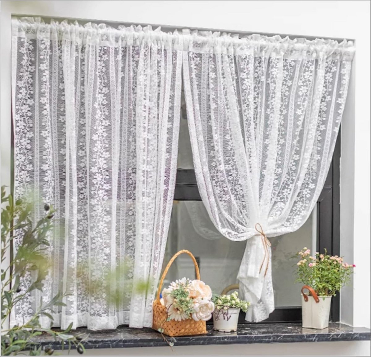 Elegante Jacquard Bistrogordijnen met Bloemenpatroon en Strepen - Vitrage (1 Stuk)