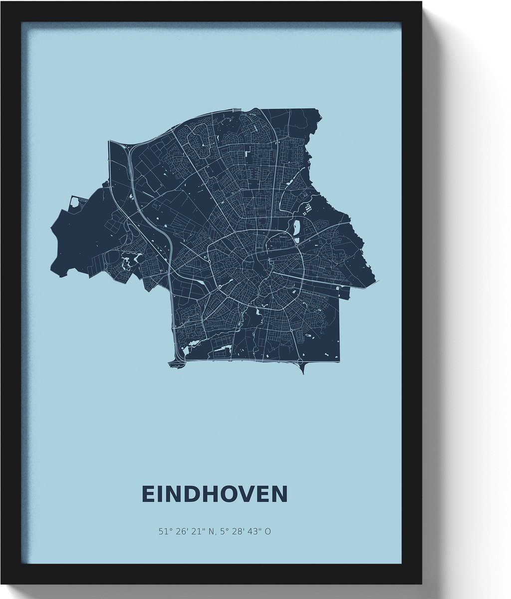 Poster Eindhoven A2 - 42 x 59,4 cm - Blauw Inclusief lijst (Zwart MDF)