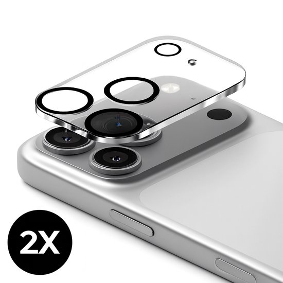 Close-up van een telefooncamera met een glazen lensbeschermer die erop wordt geplaatst. Een cirkel met "2X" in het zwart.
