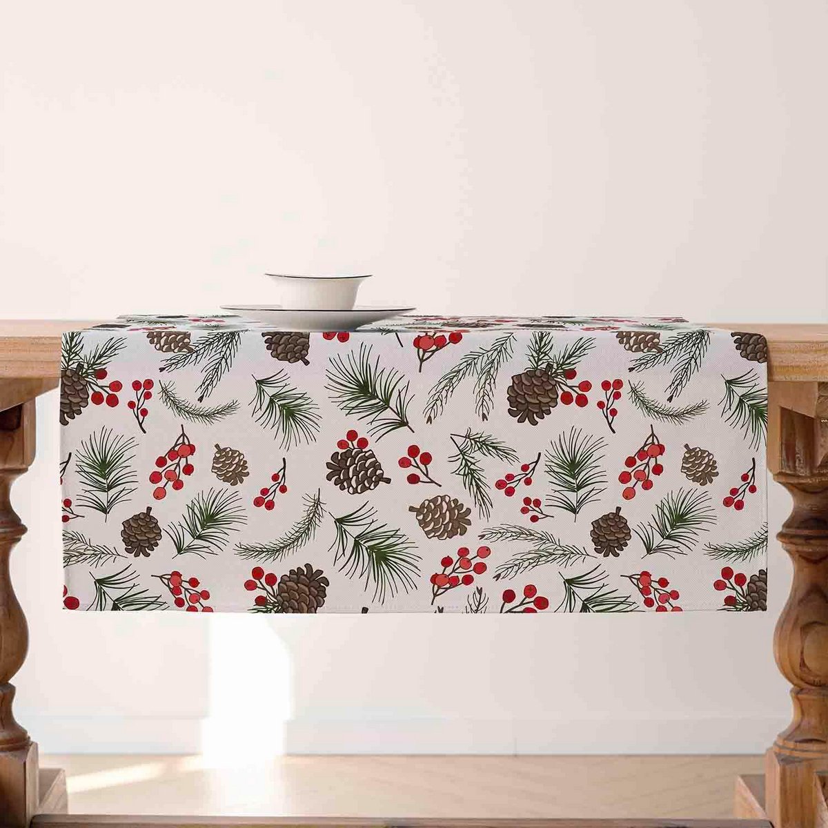 Rustiek Kerst Tafelkleed 100x100cm - Dennenappel & Bessen Patroon - Wasbaar