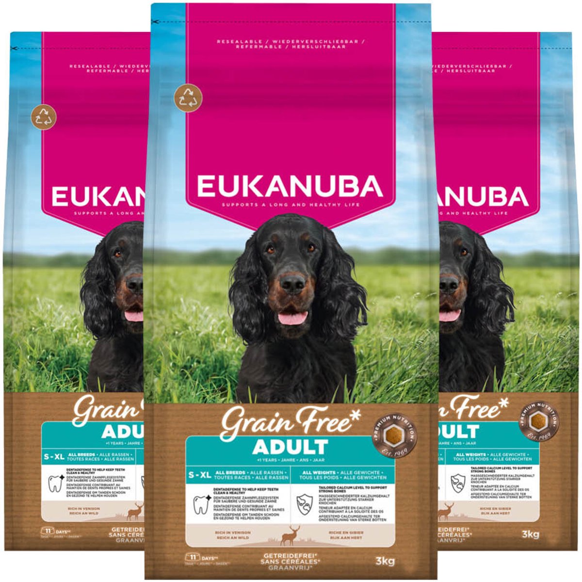 Eukanuba Eukanuba Hondenvoer Droog Grain Free Adult All Sizes Hert - 3 x 3 kg - Voordeelverpakking