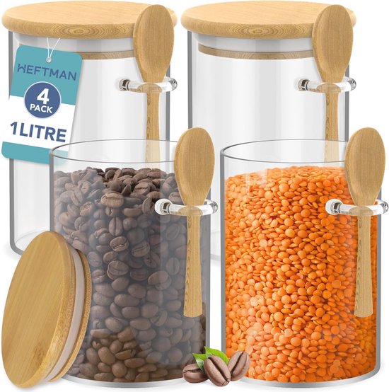 FRAPAN 2 Pack luchtdichte glazen potten met bamboe deksels en bamboe lepels, 16oz koffiepot met schep, verzegelde glazen kruidenpotten voor koffiebonen suiker thee noten snoep