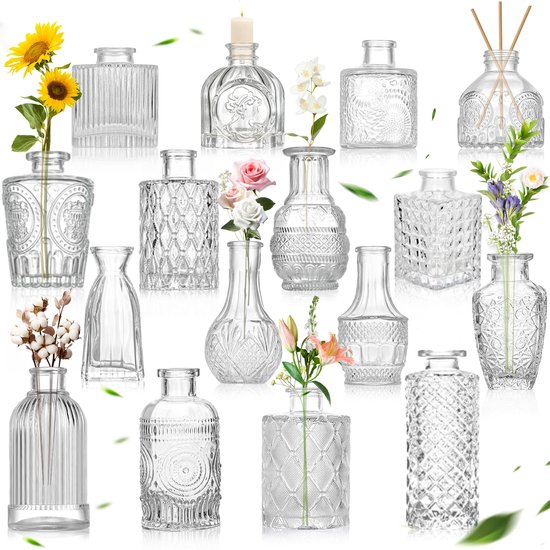 Unyqoos® Set van 16 decoratieve mini glazen vazen voor tafeldecoratie en bruiloften, 16 stuks, Glas Kristal