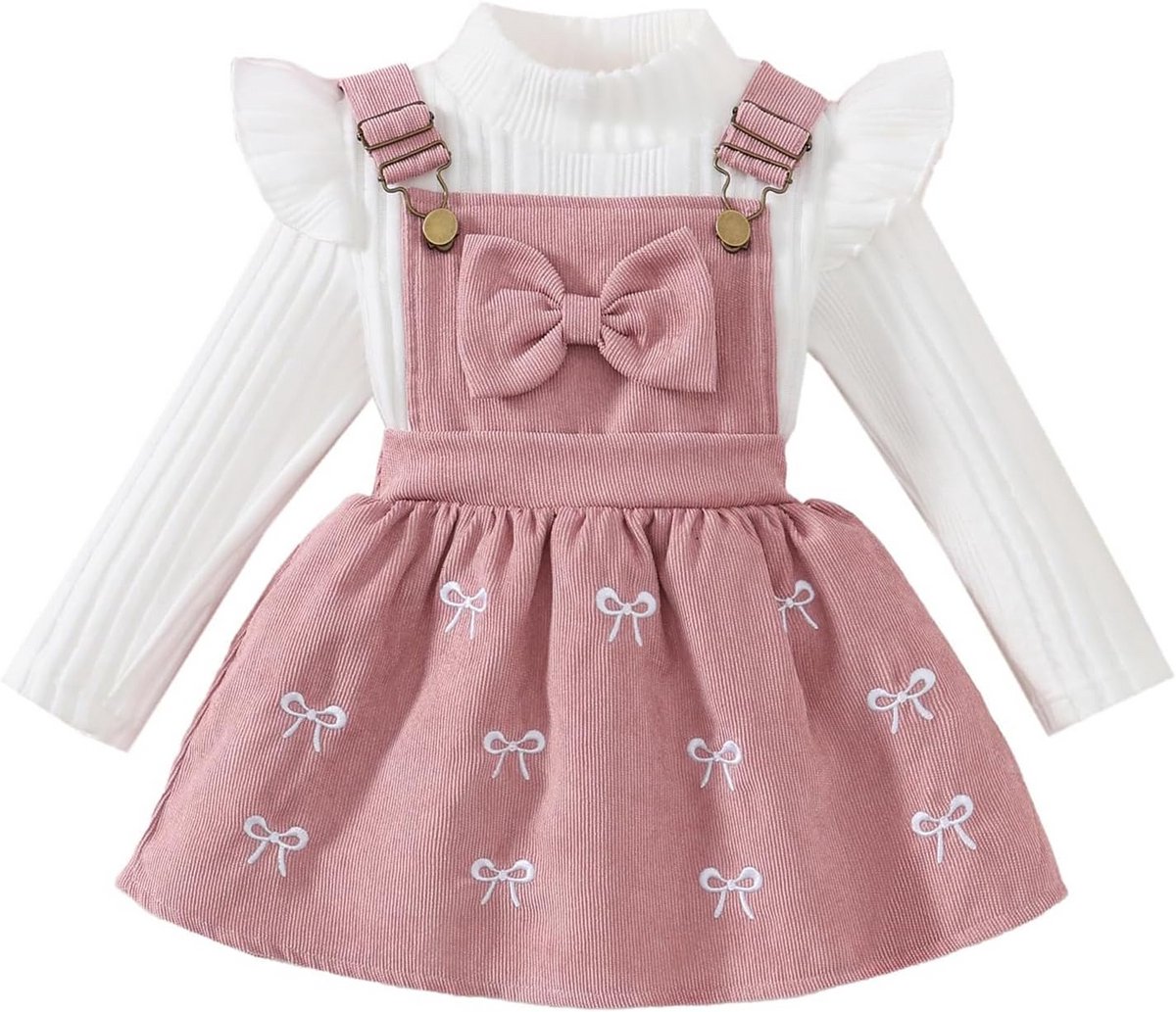 Gebreide Set voor Baby Meisjes: Geribbelde Top en Corduroy Rok met Strik