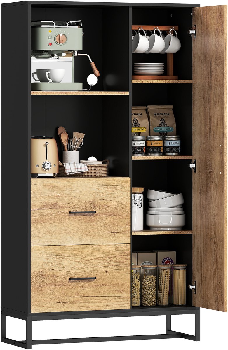 HOMCOM Keukenvoorraadkast - Spaanplaat - 88x35x160cm - Zwart en naturel hout