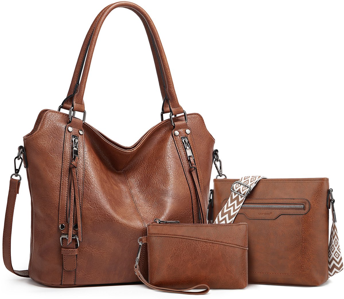 TANTOMI - Dames Handtassen, Driedelig Handtassen set met Dames Schoudertas, Shopper - Werktas - Bruin