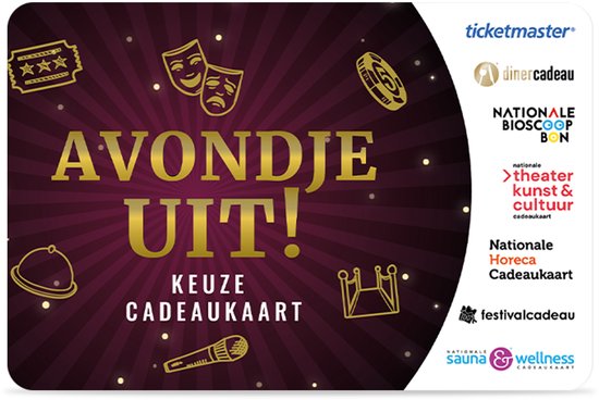Cadeaukaart met 'Avondje Uit!' tekst in goudkleurige letters, omringd door gouden iconen van theatermaskers, tickets, microfoon en meer, op een bordeauxrode achtergrond met stralend effect.