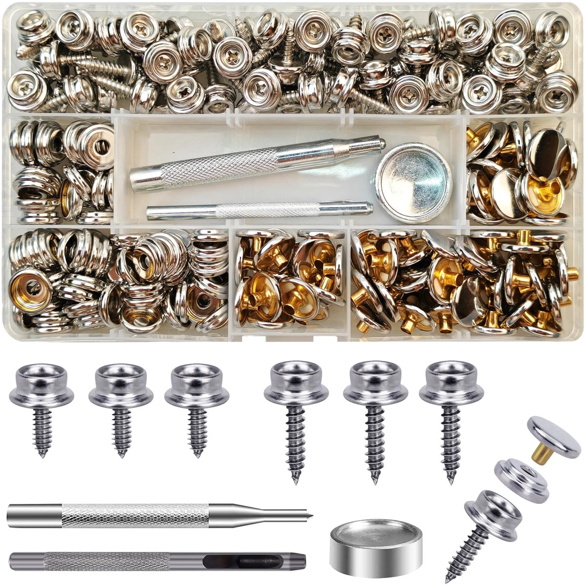 IMPERATORIS® Metalen Drukknoppen Set – Zwaar Uitgevoerde Drukknopen met Setterbasis en Holle Pons – Metalen Knopen voor Kleding, Leer, Jassen, Jeans en Handtassen – Niet Naaien – 15 mm/10 mm – Set van 70 drukknopen – zilver