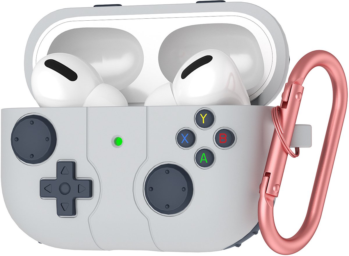 Case Geschikt voor airpods 4 Hoesje Hoes Siliconen Met Clip Cover - Retro design - Hoesje Geschikt voor airpods 4 Hoes Siliconen - Lichtgrijs