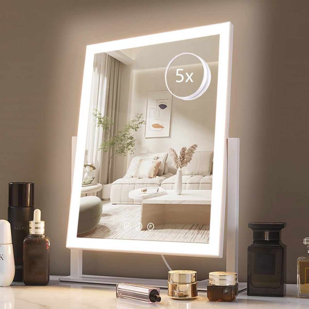 Verlichte make-upspiegel met verstelbare verlichting en 360° rotatie