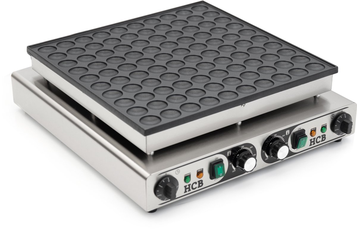 HCB® - Professionele Horeca Poffertjesbakplaat - 100 dops - 230V - RVS / INOX poffertjespan electrisch - Poffertjesmaker - 57.5x54.5x17.5 cm (DxBxH) - 15 kg - 8526