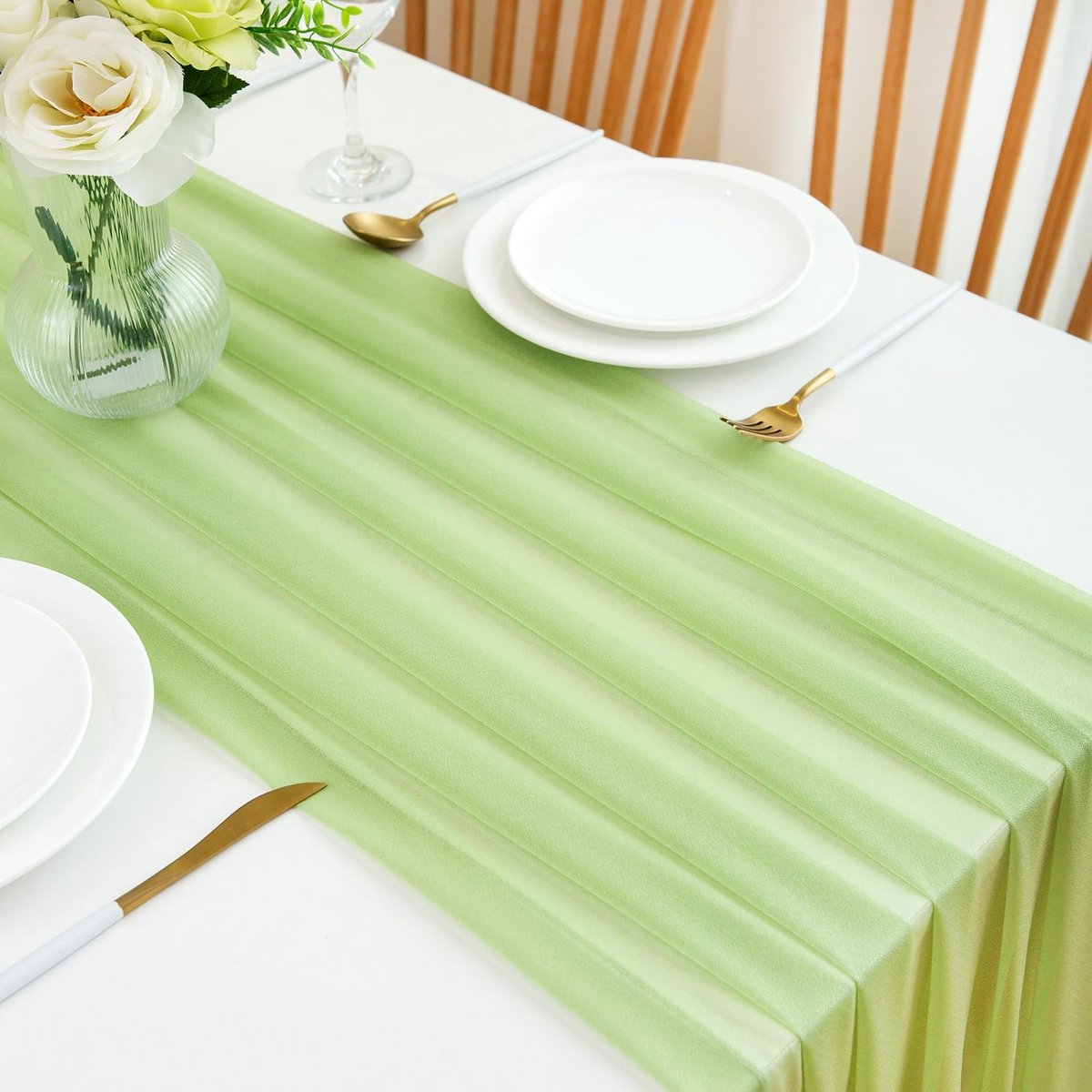Lichtgroene Chiffon Tafelloper 75 x 300 cm voor Bruiloft en Feest Decoratie (Set van 2)