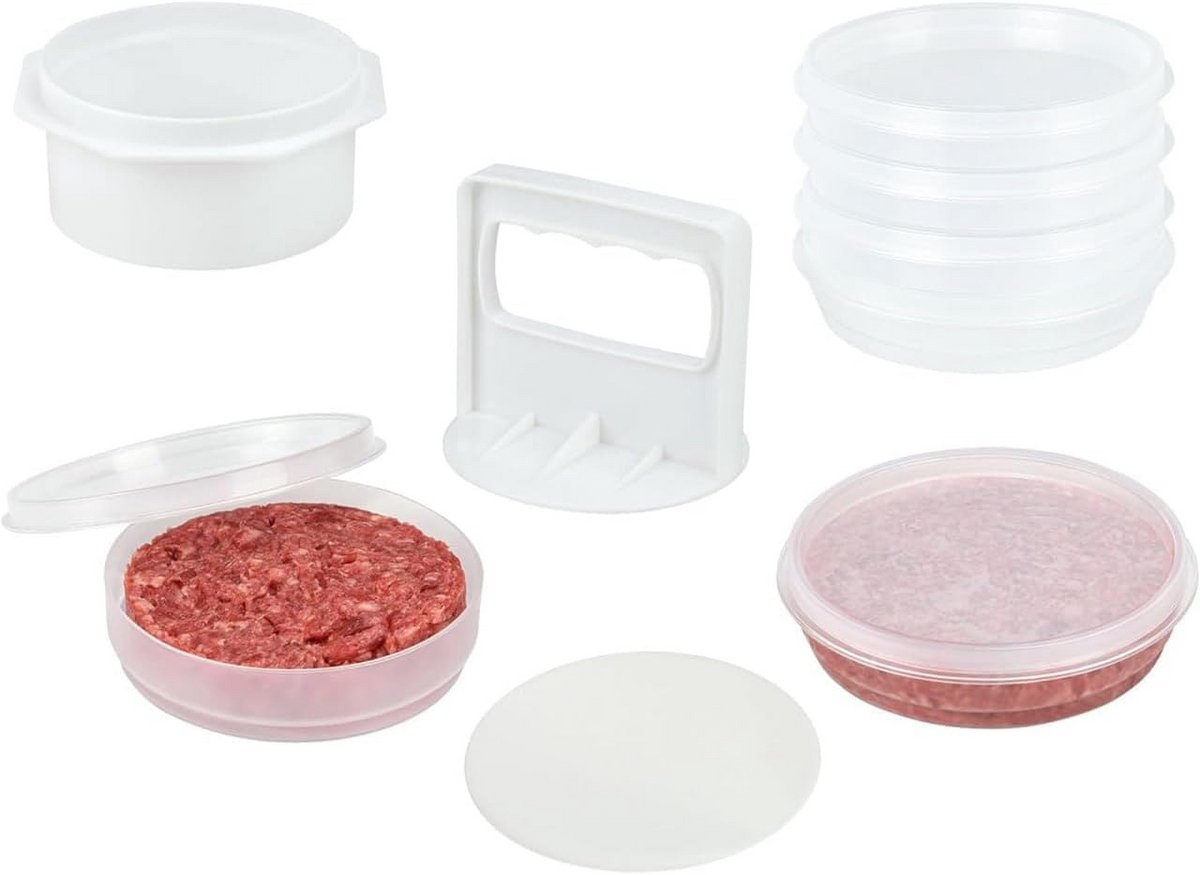 Hamburgerpers Set - 4-in-1 Burger Vormer met 6 Opslagcontainers en 100 Patty Vellen