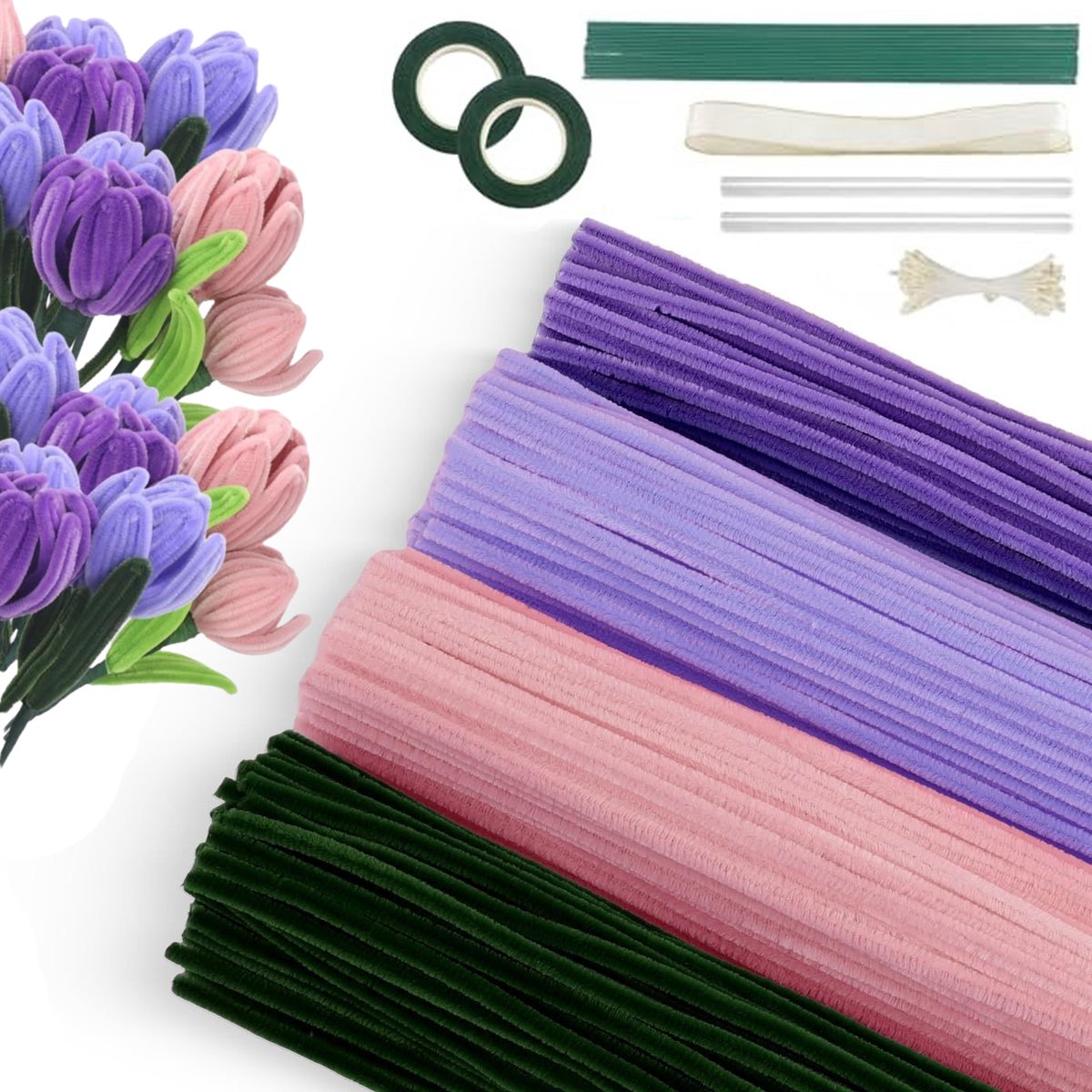 400-delige pijpenrager knutselset in 4 kleuren – DIY bloemen maakpakket met chenille stelen, bloemendraad, bloemtape, meeldraden en lint – creatieve hobby set voor het maken van kleurrijke tulpen en decoratieve boeketten – Paars