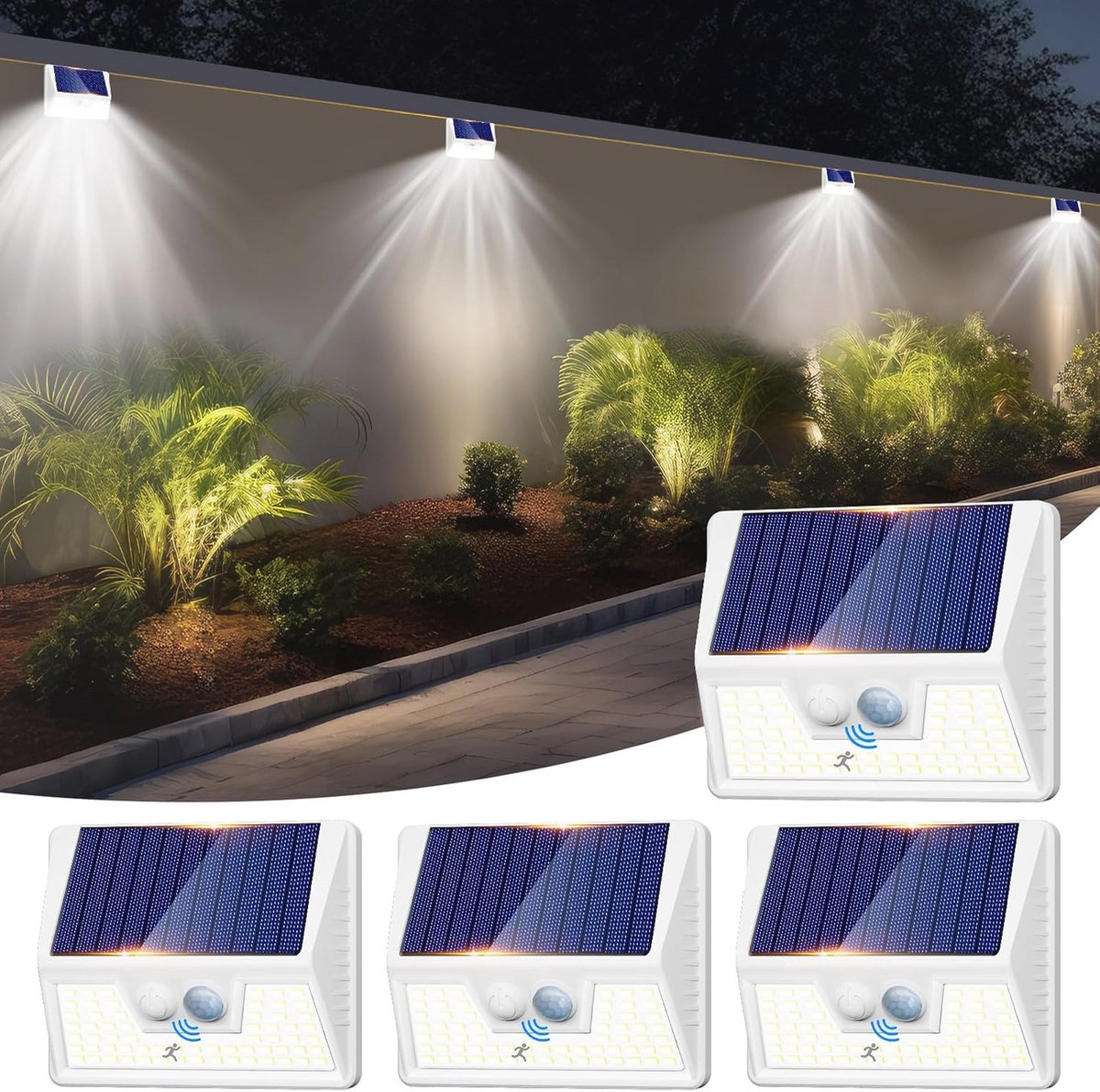 Led-spots op zonne-energie voor buiten met bewegingsmelder - 4 stuks waterdichte tuinlampen