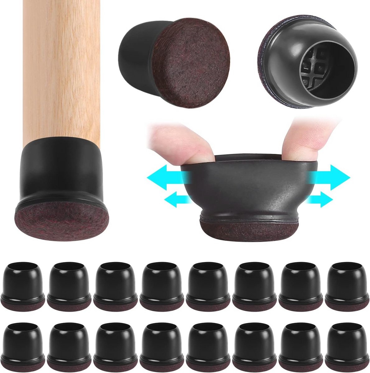 Stoelpootdoppen met Vilt en Rubber voor Houten Vloeren - Rond, Zwart, 25-30 mm - 16 Stuks