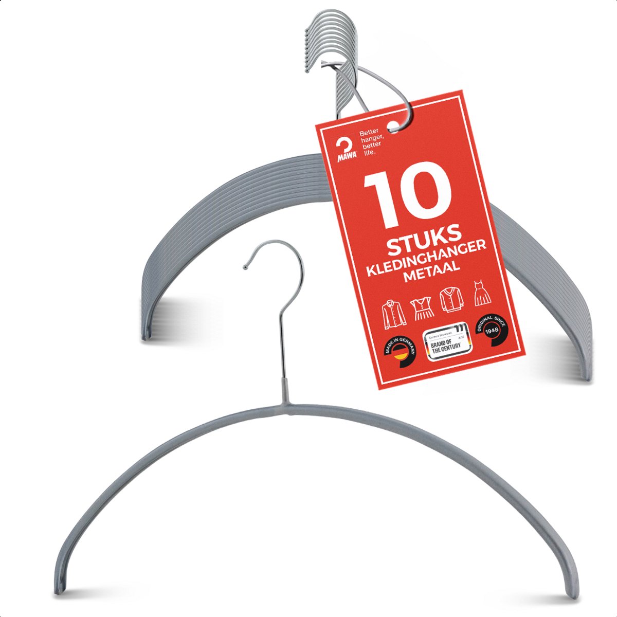 MAWA Kledinghangers - Set van 10 Hangers - Ruimtebesparende en Antislip Kleerhangers voor T-Shirts en Truien - 360° Draaibare Haak - Hoogwaardige Antislip-Coating - 40 cm, Zilver