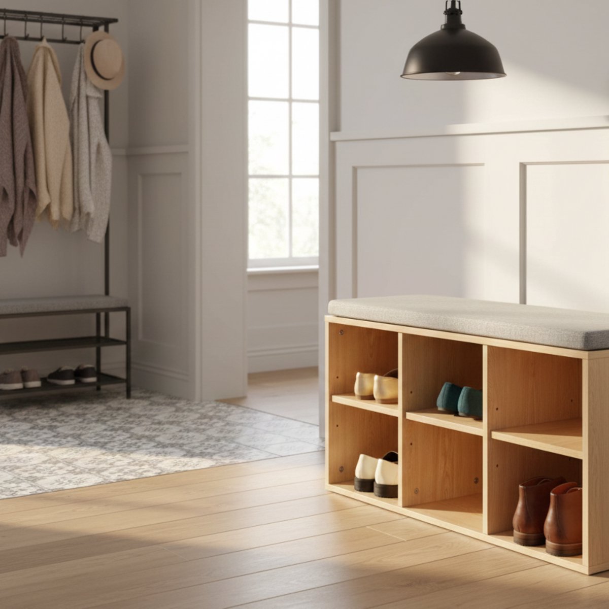 Schoenenbank met kussen & 6 - 87x30x48 cm - Eiken - 6 opbergvakken – 87x30x48 cm - Medahomestore