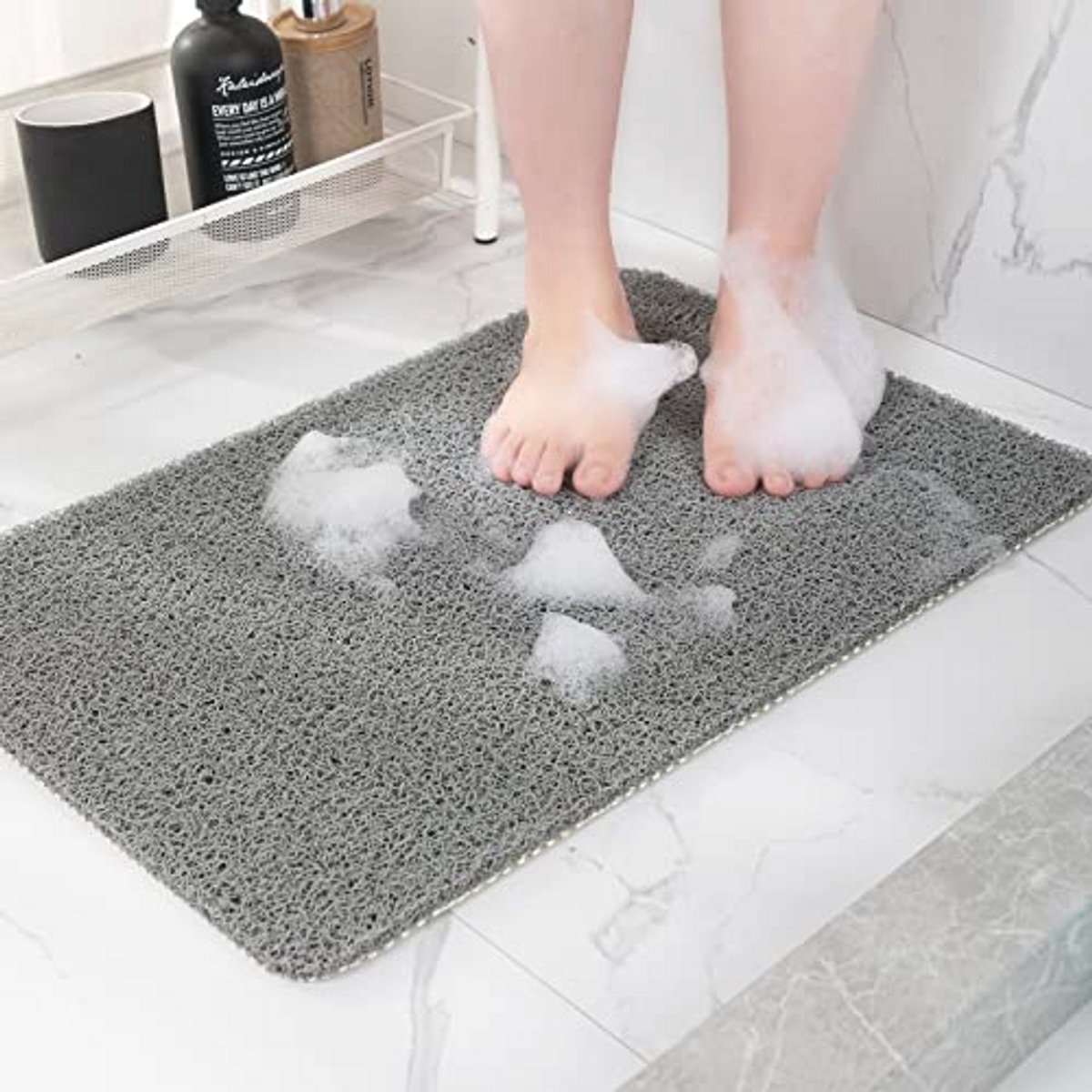 Antislip douchemat - Zachte PVC loofah badmat, voetschrobber en sneldrogende reinigingsmat voor natte ruimtes (40 x 16 grijs)
