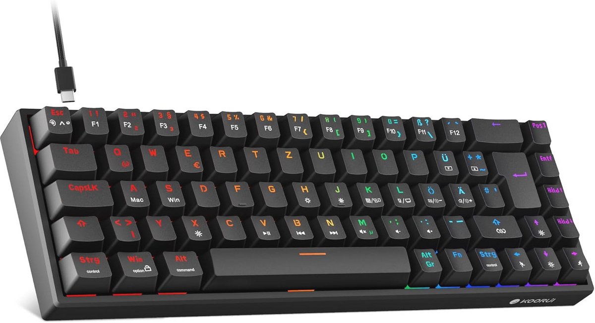 60% Mechanisch Gamingtoetsenbord met 12 Multifunctionele Toetsen - USB-kabel, QWERTZ Duitse Indeling voor Windows, MacOS en Linux