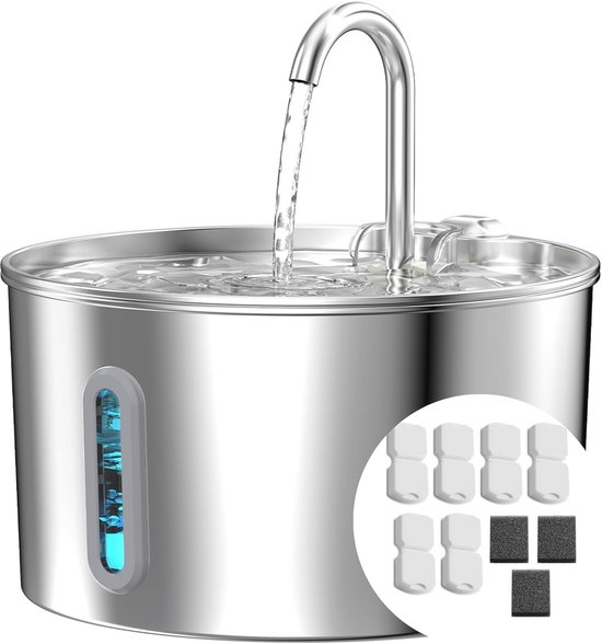 FEELNEEDY Drinkfontein Voor Katten – 2,8 Liter Roestvrij Staal, Stille Pomp (<25 DB), 4-traps Filtersysteem, Twee Waterstanden, LED-verlichting