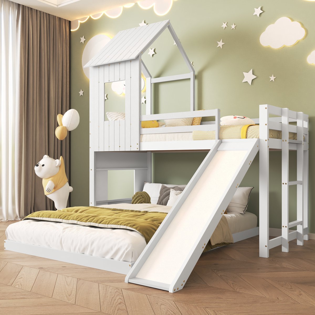 Wishdor Familiebed met Glijbaan (90x200 / 140x200 cm) - Huisbed / Boomhut Stapelbed met Raam - Montessori Vloerbed - Massief Hout - Wit
