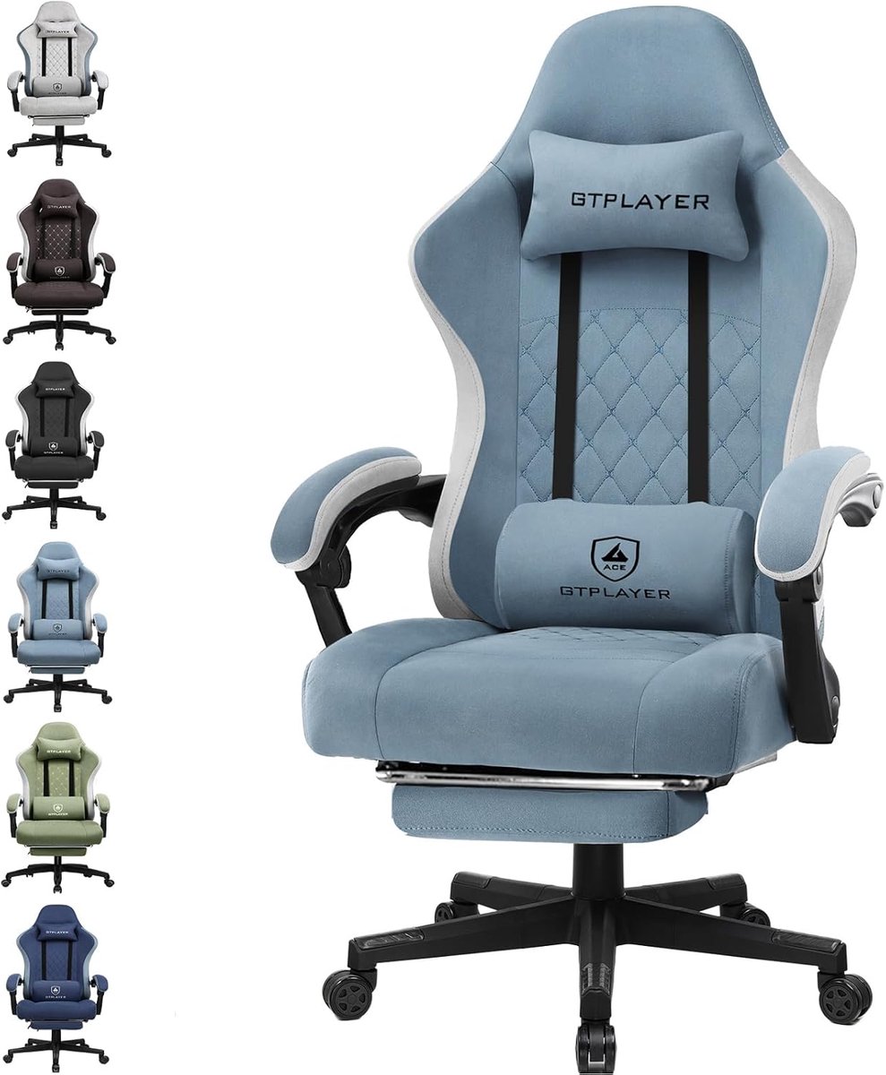 GTPLAYER - Gamingstoel Ergonomisch - Met Veerzitkussen en Voetensteun - lichtblauw
