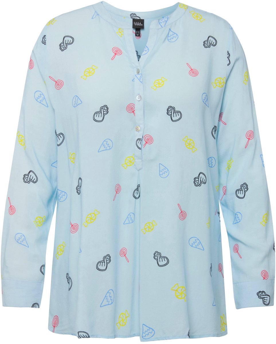 Ulla Popken - Dames - Blouse comic-print opstaande kraag V-hals lange mouwen - Zacht lichtblauw - Maat 46+