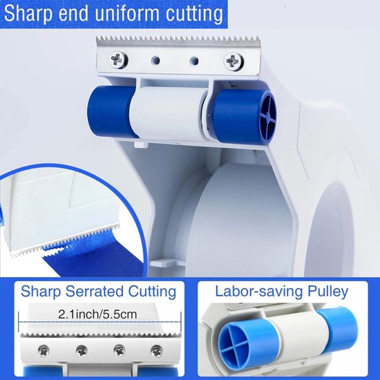 Close-up van de snijrand van de tape applicator met scherpe kartels. Een blauwe rol tape wordt door de dispenser getrokken.