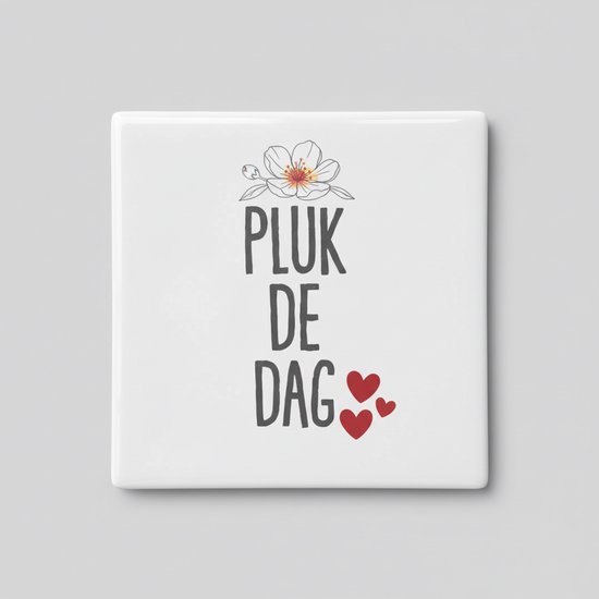 Tuile blanche avec le texte 'Pluk de dag' en néerlandais, avec une fleur et des cœurs rouges.