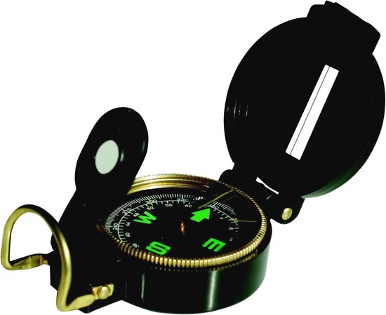 Zwarte militaire kompas met groene wijzer en gouden ring. De klep is open.