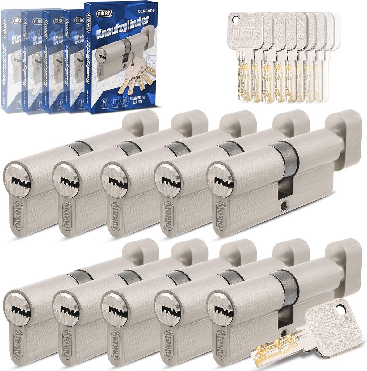 Gelijksluitende knopcilinders 30/30 set van 10 met 50 sleutels - 60 mm deursloten