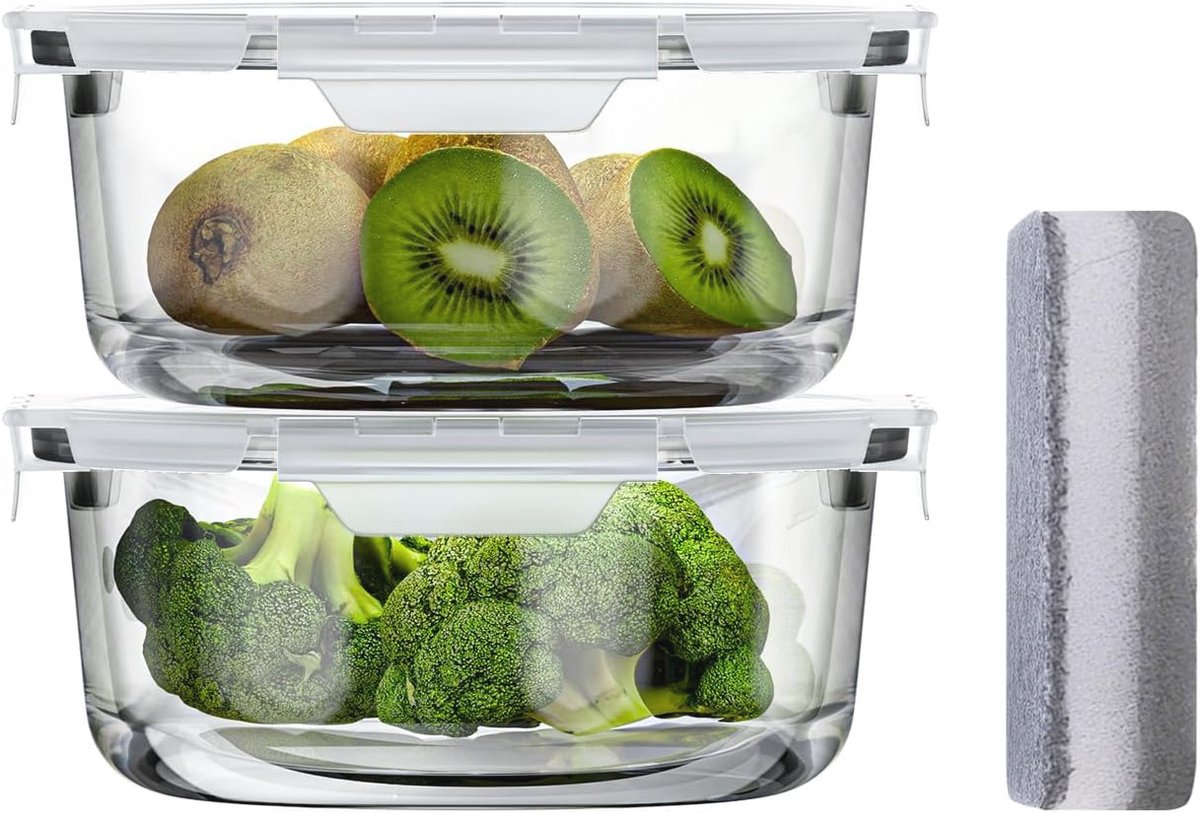 Set van 2 ronde glazen voedselcontainers met deksel, voedselopslag lunch (660 ml)