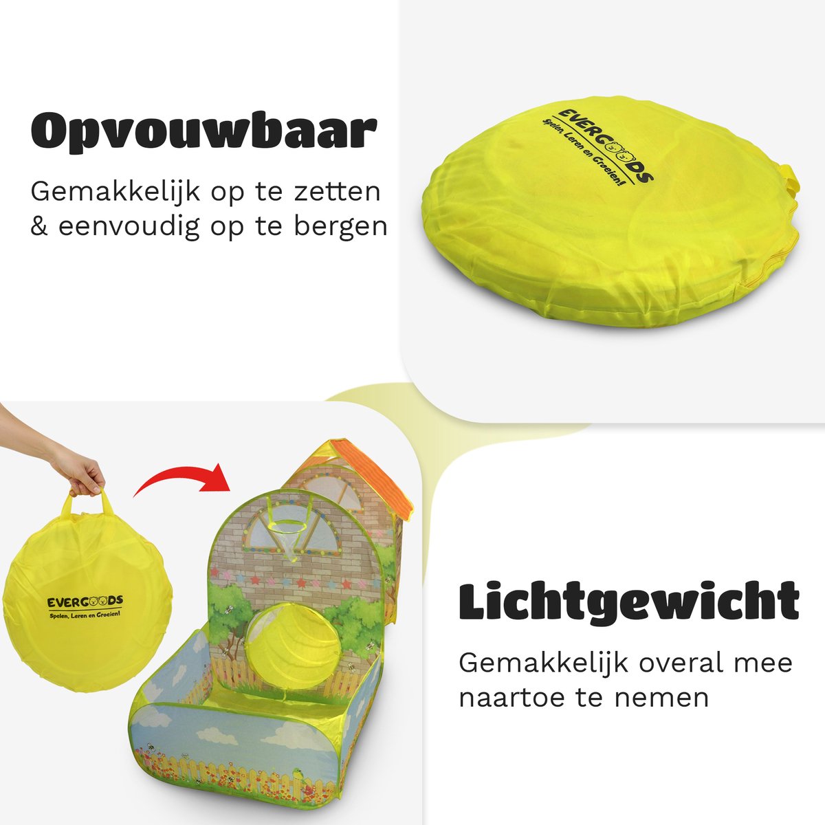 EverGoods Speeltent XL Kinderen – Speelhuis met 200 Ballen & Kruiptunnel – Pop-up – Binnen & Buiten – Opvouwbaar – Ballenbad – Incl. Draagtas & Ballenzak — afbeelding 7