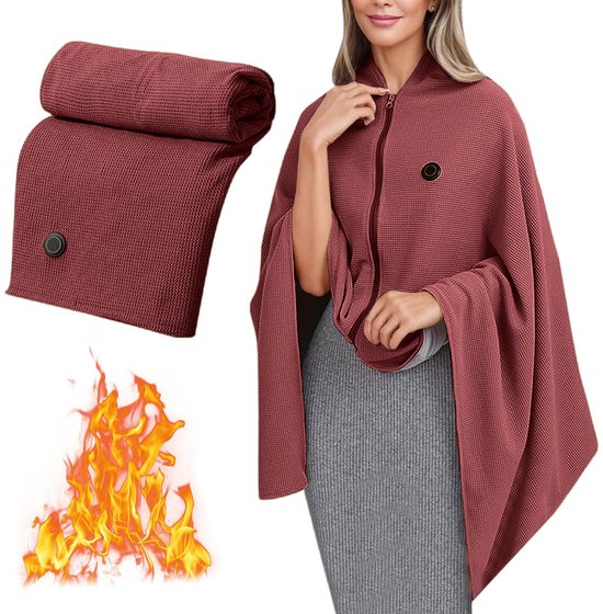 Elektrische dekens -Hoodie Deken - Warmtedeken Oplaadbaar -150x80cm -Draadloze verwarmde sjaal - Cape-Warmtedeken Oplaadbaar -Kan verwarmd worden met mobiele stroom -verwarmde deken - drie instelbare standen - USB-oplaadbaar - met rits - Rood
