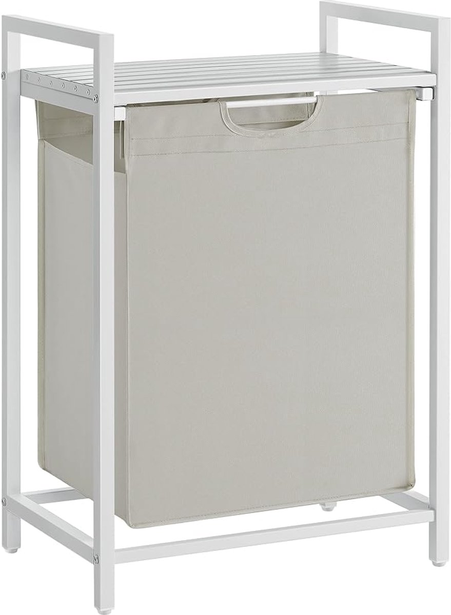 Furnstar Wasmand - Wasverzamelaar met plank - Wasbox - Afneembare waszak van Oxford weefsel - Metalen frame - 65 L - 50 x 33x 72 cm - Crèmewit Mat Wit