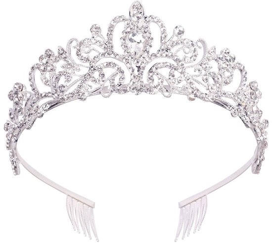 Kroon Tiara-Kroon-Kristallen Kroon-Tiara met Kam-High-end Prinses Elegante Tiara-Geschikt voor Vrouwen, Meisjes, Bruid, Bruiloft, Gala, Verjaardagsfeestje-Kroon Zilver Wit Diamant
